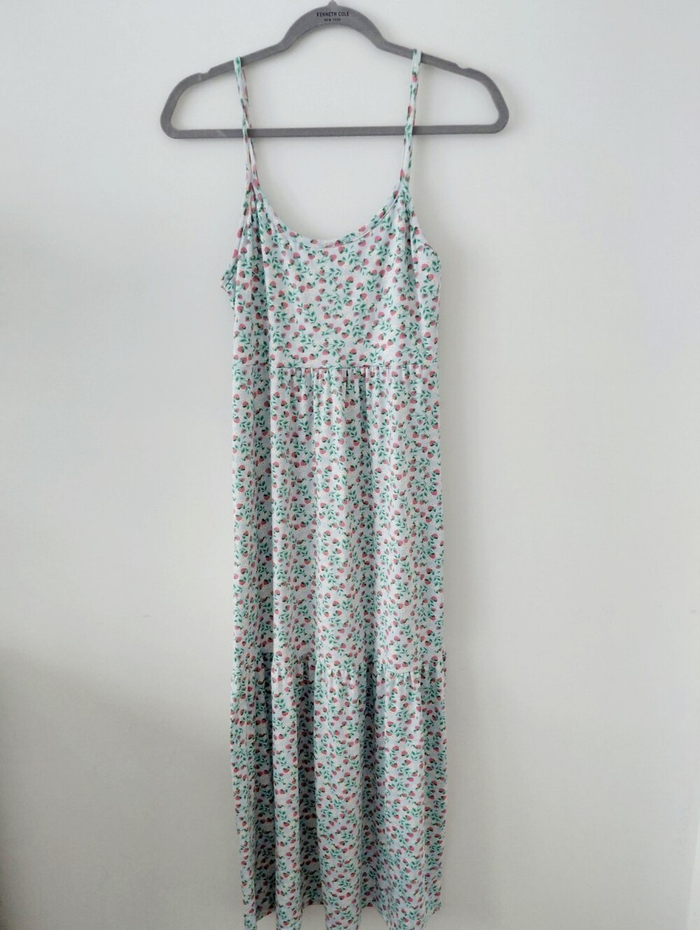 Strawberry Print Floral Spaghetti Strap Maxi Dress - Mint & Pink